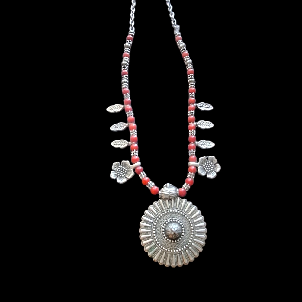 Vintage Silver and Rwd Southwest Floral Necklace